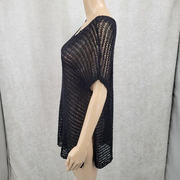 Eileen Fisher Women's Black Linen Loose Knit Scoop Neck Drop Shoulder Top Blouse - Picture 3 of 8